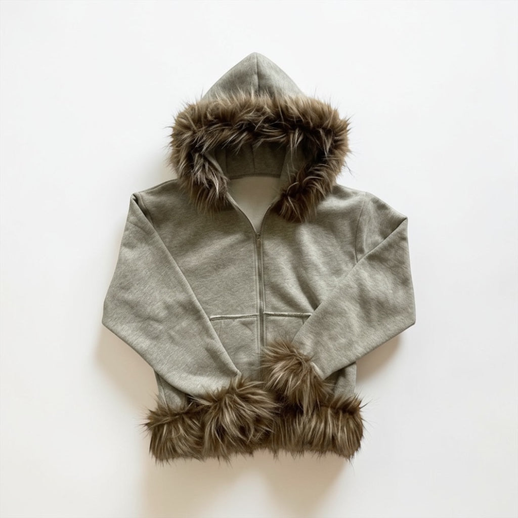 Gray Fur/Extra Fur Zip Up Hoodie